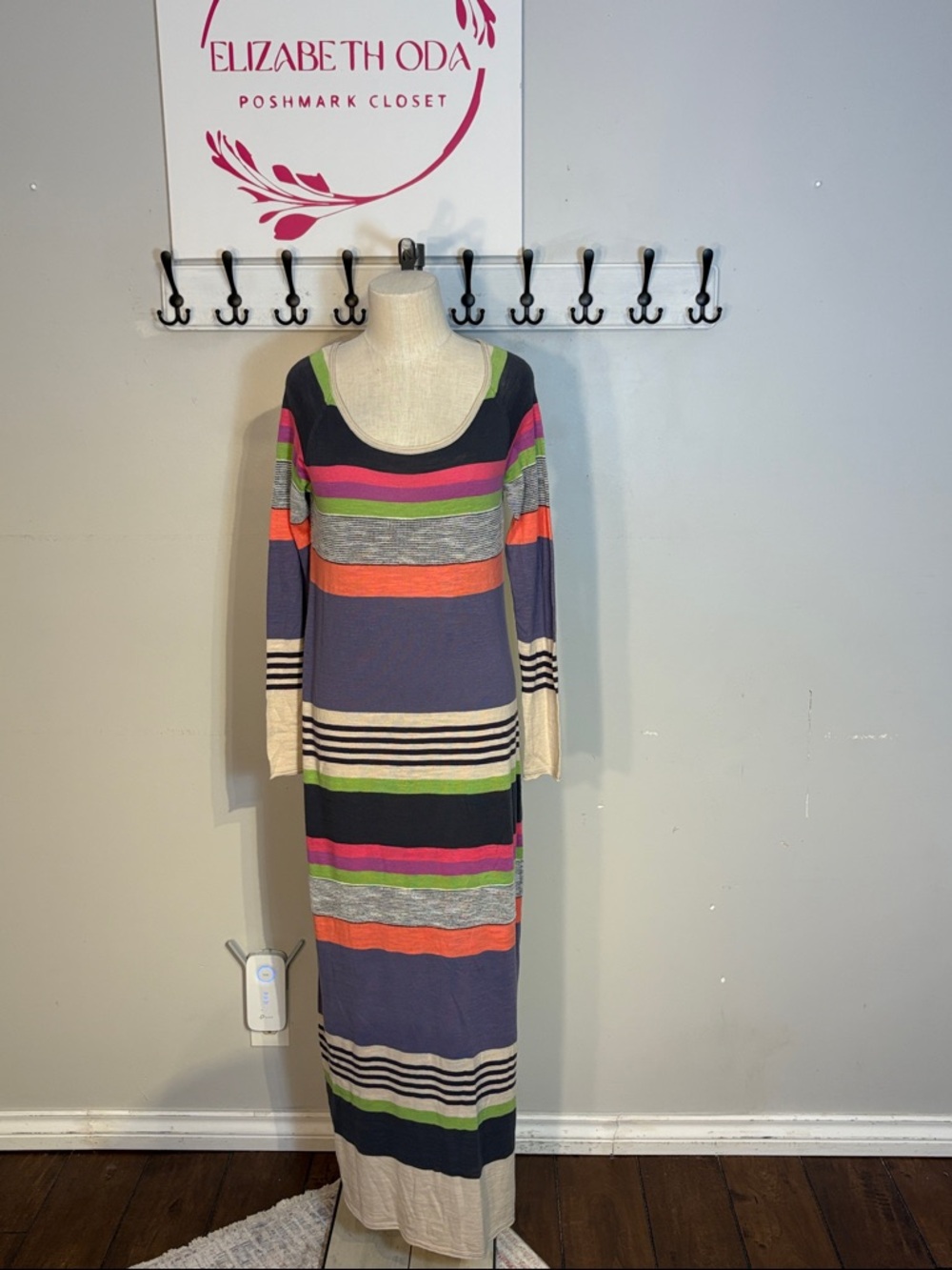 LOGG Striped Scoop-Neck Maxi Dress in Navy with Multicolor Stripes Size Medium